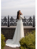 Long Sleeves Ivory Satin V Back Simple Modest Wedding Dress
